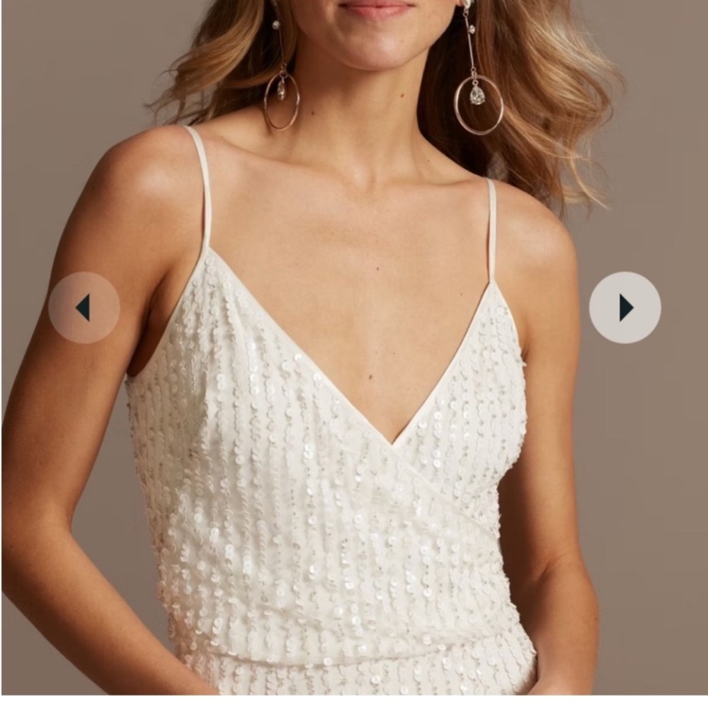 David's Bridal Ivory Sequin Wrap-Front Spaghetti Strap Jumpsuit